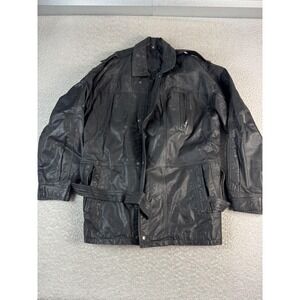 Echt Leder Leather Jacket Mens 48 Black Belted Moto Biker Zip Pockets Epaulets